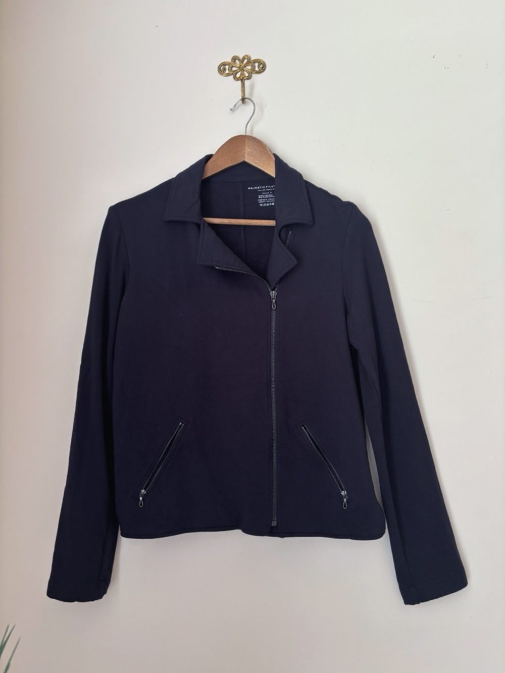 Majestic Filatures Marine Blue French Terry Knit Moto Jacket Sz 4 Large